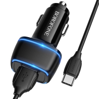 Зарядное устройство автомобильное BOROFONE BZ14, 2USB Type-C 1 м, 12 Вт