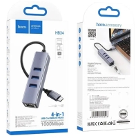 USB HUB HOCO HB34, 4 в 1, 3USB 3.0, RJ45, 15  см