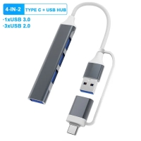 Адаптер 4 в 1 USB (Type-C) HUB, 1USB 3.0, 3USB 2.0