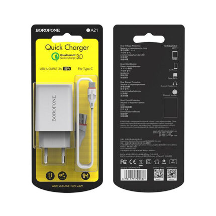 Зарядное устройство BOROFONE BA21A, USB, QC 3,0, 18 Вт, Type-C 1 м