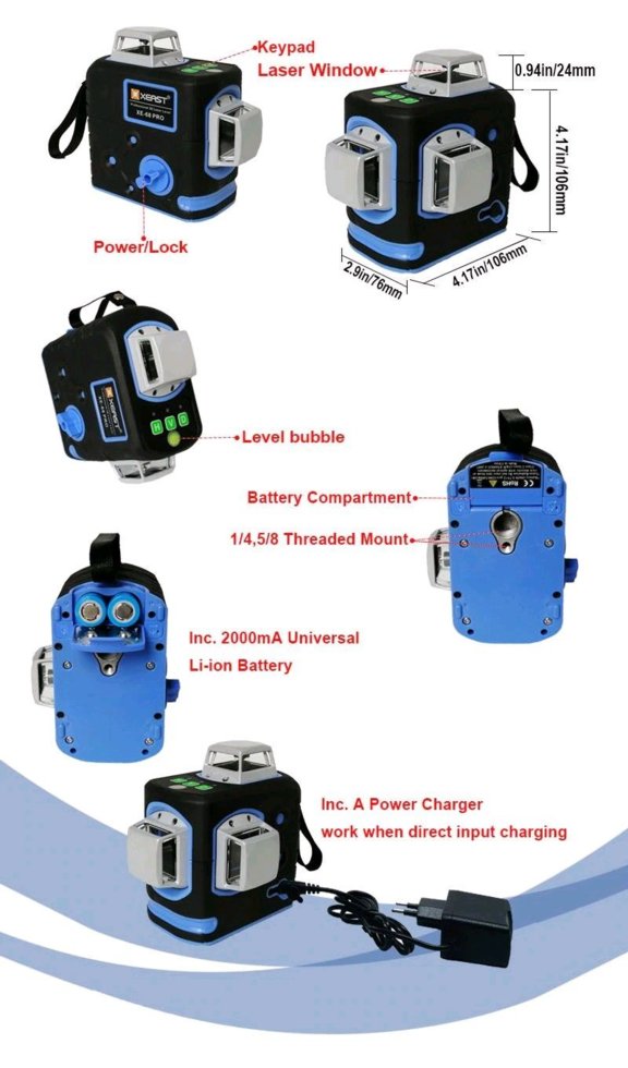Лазерный уровень XEAST XE-68G Pro 12 линий 3D 360 зеленый Set-3 аккумуляторы, кронштейн подъемный, сумка