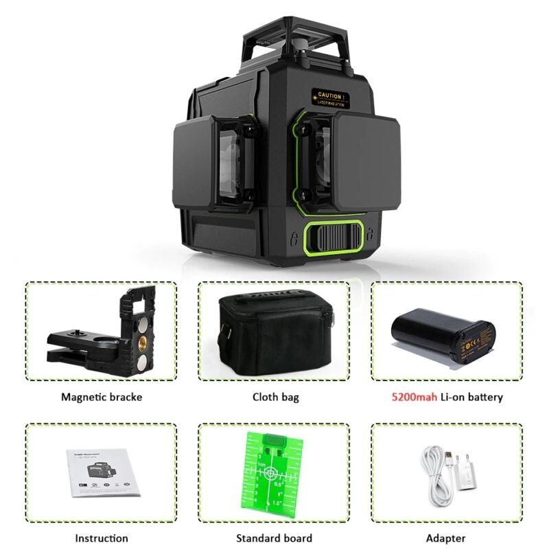 Лазерный круговой 3D уровень, нивелир CLUBIONA MD12G 3D, 12 линий, зеленый лазер, сумка