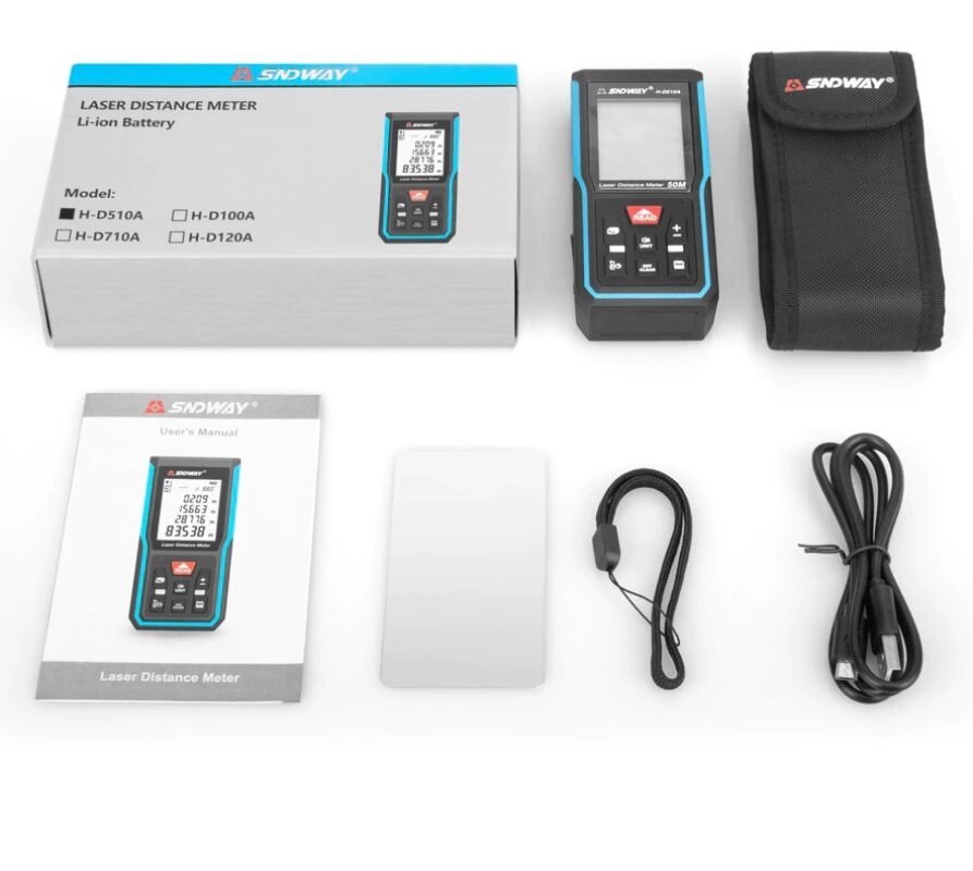 Лазерный дальномер H-D510A до 50 м, угол наклона, Li-Ion аккумулятор, точность 2 мм