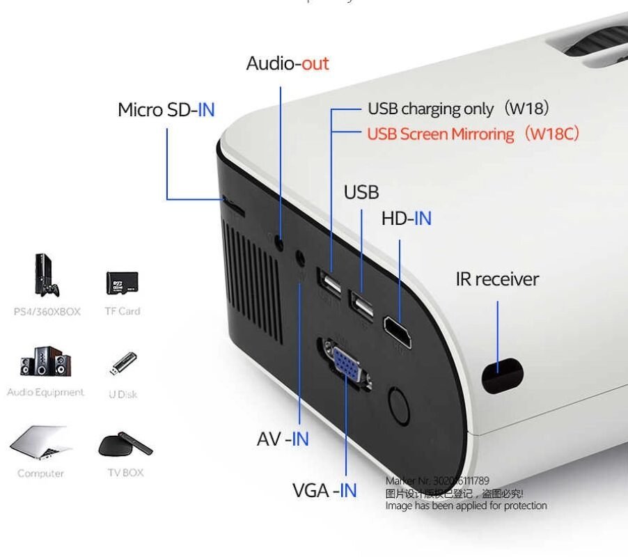 Мини-проектор AUN W18, 2800 люмен, 854x480 dpi