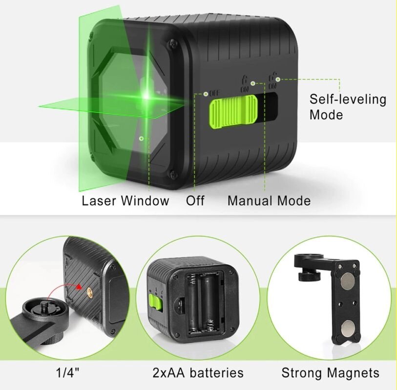 Самовыравнивающийся лазерный уровень, нивелир CLUBIONA MD02GS Plus, 2-линии, зеленый